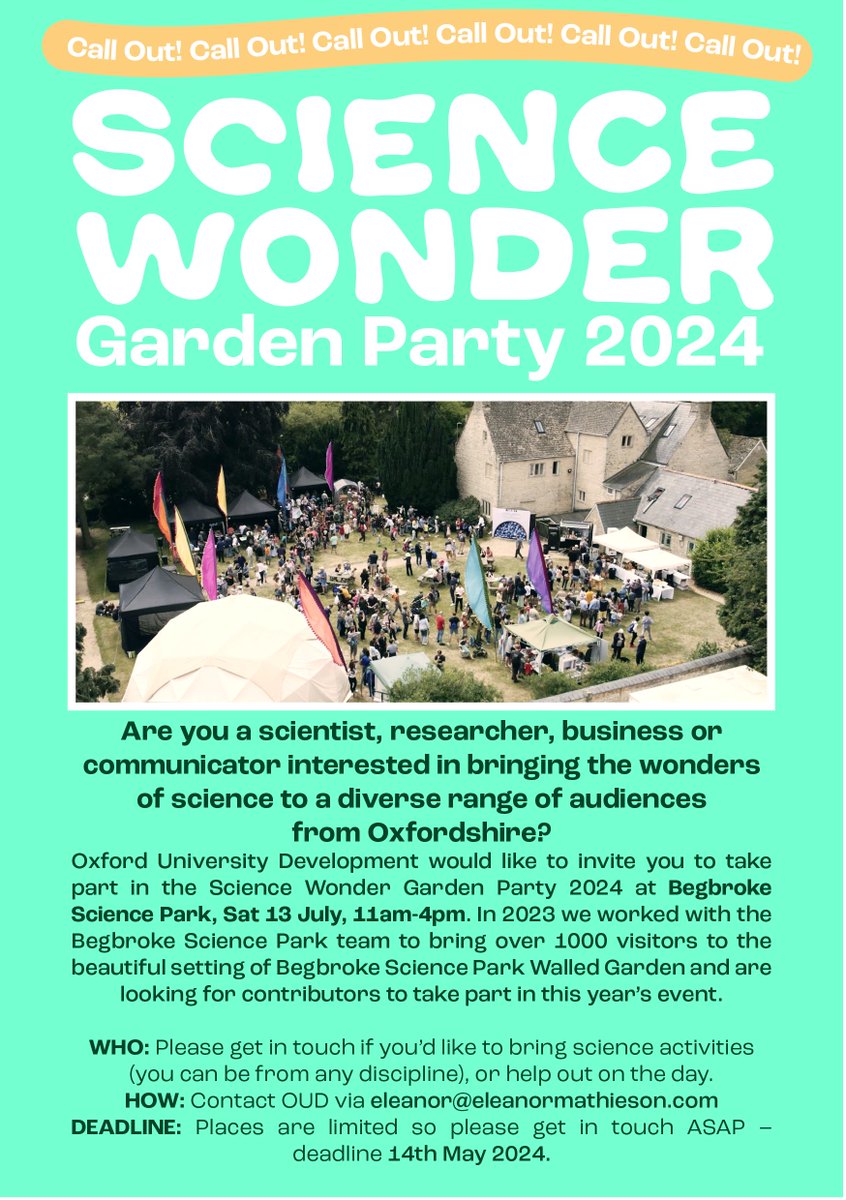 Do you want to showcase the wonders of science to the public?

Last chance to register your interest in the Science Wonder Garden Party <a href="/BegbrokeScience/">Begbroke Science Park</a> this summer! ☀️

📅 Deadline: 14 May

More information 👇