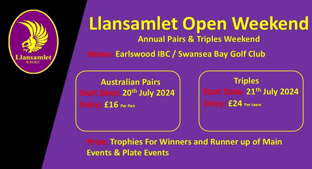 🏴󠁧󠁢󠁷󠁬󠁳󠁿🏆 Llansamlet Open 🏆🏴󠁧󠁢󠁷󠁬󠁳󠁿

🏠 Venue: Earlswood Indoor Bowls Centre
💵 Entry: £16 per pair, £24 per Triple
🟣 Saturday 20th July: Australian Pairs
🔴 Sunday 21st July: Triples

📩 Please drop us a message if you wish to enter.

Please like 👍, Share 👐 and tag 🏷️  

#uppasamlet