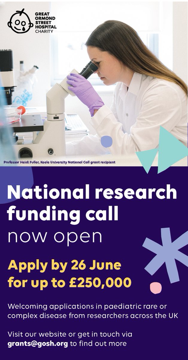 Genetic Alliance UK (@geneticall_uk) on Twitter photo £2.5 million has been made available by <a href="/GOSHCharity/">Great Ormond Street Hospital Charity</a> for research into rare or complex childhood illness in a national funding call.
Further information about the call can be found on their website 👉 ow.ly/TOfi50RA870
Deadline for applications is 26 June 2024 £2.5 million has been made available by <a href="/GOSHCharity/">Great Ormond Street Hospital Charity</a> for research into rare or complex childhood illness in a national funding call.
Further information about the call can be found on their website 👉 ow.ly/TOfi50RA870
Deadline for applications is 26 June 2024