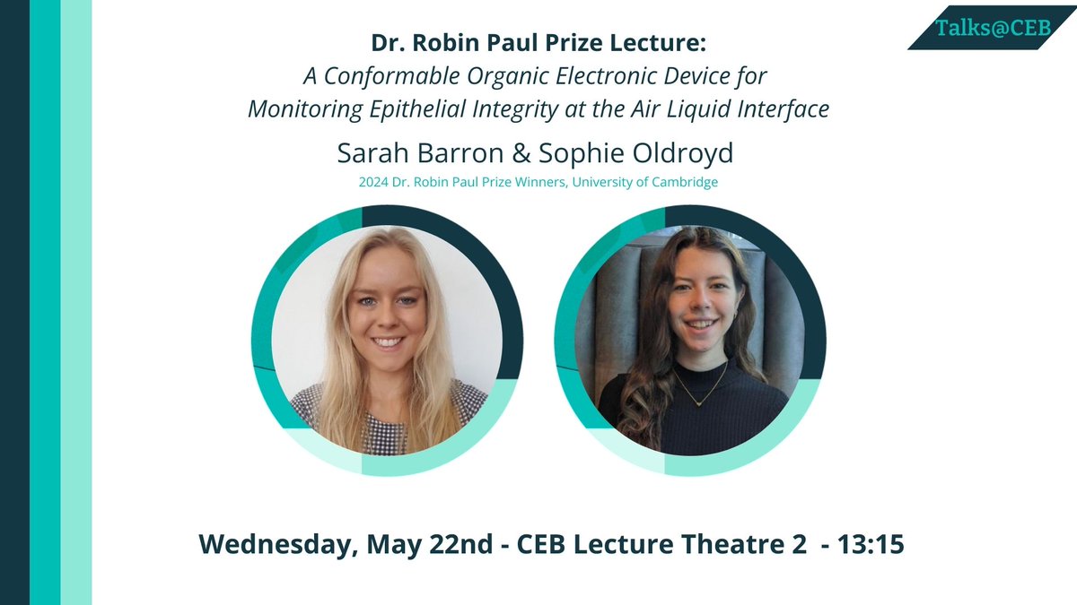 Join us for the annual Dr. Robin Paul Prize Lecture. The 2024 Lecture is awarded to CEB PhD Students Sarah Barron & Sophie Oldroyd for their research as part of the BioElectronic Systems Technology group at CEB 🔬 📆: May 22nd 📍: CEB, LT2 #DrivenByCuriosity #DrivingChange