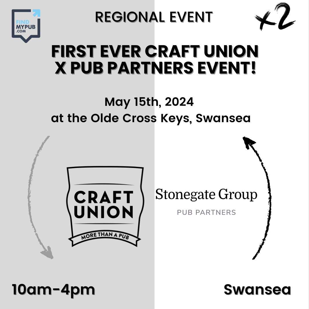 FindMyPub's tweet image. 💥FIRST-EVER CRAFT UNION X PUB PARTNERS EVENT‼️💥

📍Regional Event in Swansea

ow.ly/ybCc50RvvrO

#stonegate #craftunion #swanseapubopportunities #crossover #2isthemagicnumber #comealong #opportunitiesawait #pubcareer #runapubinsouthwales