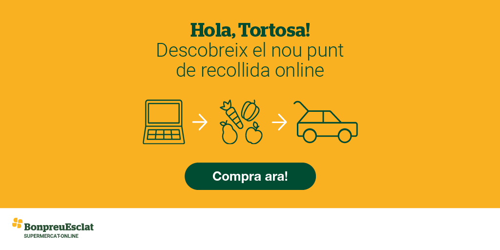 Hola, Tortosa! 👋 Recull la teva compra online i te la carreguem el cotxe en només 5 minuts en el nou punt de recollida de la compra online de Tortosa.😉 Compra ara 👉 bit.ly/3WEq0F9 #BonpreuEsclat