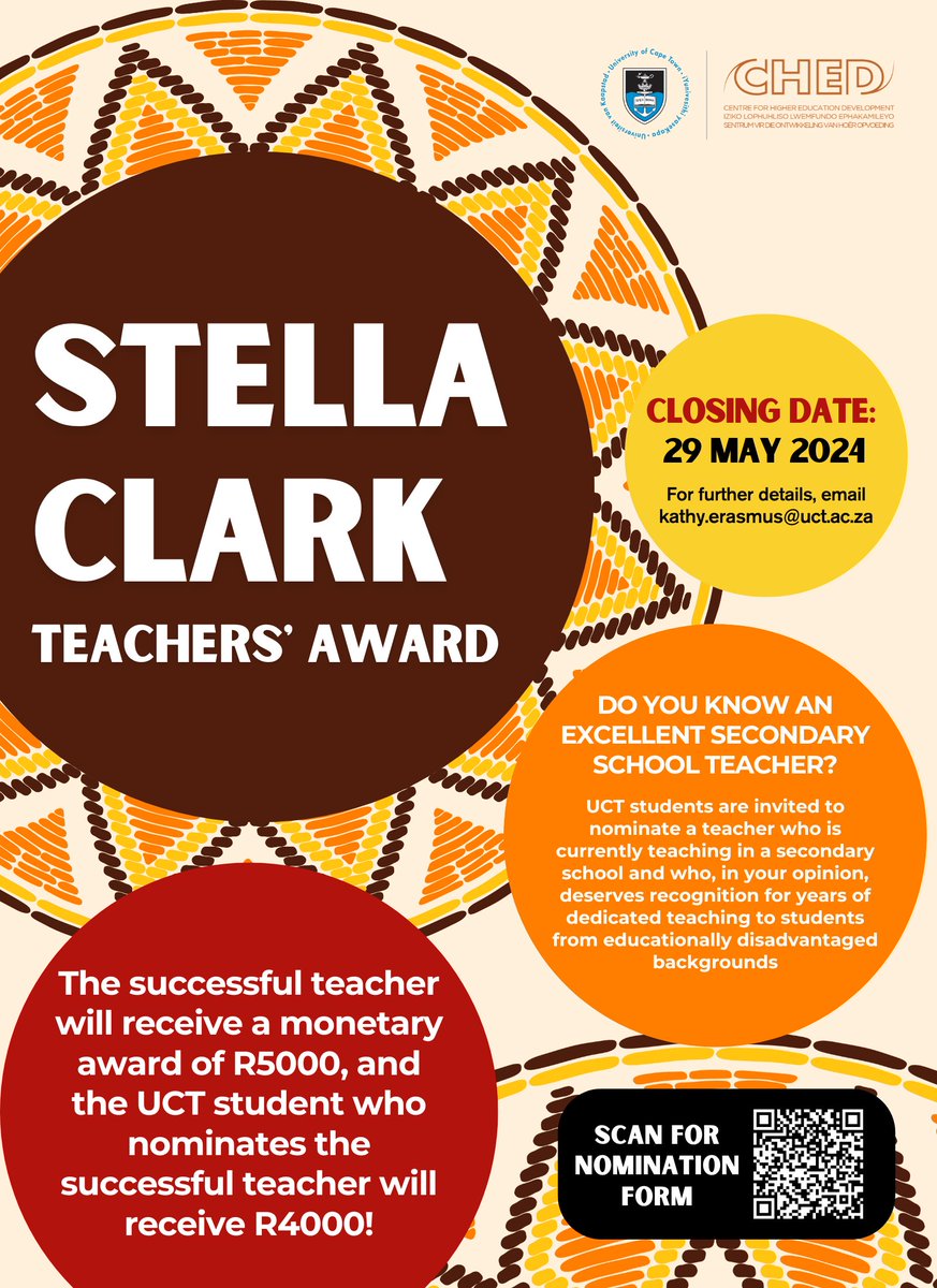 Do you know of an excellent secondary school teacher?<a href="/UCT_news/">UCT</a> students are invited to nominate a teacher who is currently teaching in a secondary school for the Stella Clarke Teachers' Award! Click here for the nomination form - ched.uct.ac.za/teaching-learn…