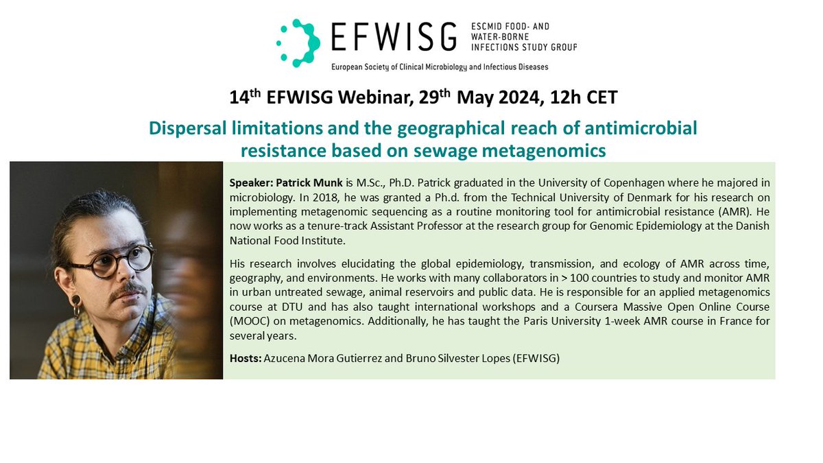 EFWISG (@efwisg_escmid) on Twitter photo Returning back from the <a href="/ESCMID/">ESCMID</a> Global 2024, it is time to get back to our webinars📝
Join us in the next one featuring <a href="/pat_munk/">Patrick Munk</a> from <a href="/DTUtweet/">DTU</a> 🇩🇰 talking about "Antimicrobial resistance based on sewage metagenomics"
đź“… 29th May, 12 CEST
Register here: escmid-org.zoom.us/webinar/regist… Returning back from the <a href="/ESCMID/">ESCMID</a> Global 2024, it is time to get back to our webinars📝
Join us in the next one featuring <a href="/pat_munk/">Patrick Munk</a> from <a href="/DTUtweet/">DTU</a> 🇩🇰 talking about "Antimicrobial resistance based on sewage metagenomics"
đź“… 29th May, 12 CEST
Register here: escmid-org.zoom.us/webinar/regist…