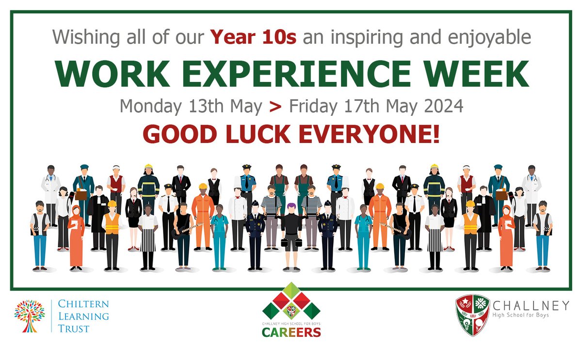 Wishing all our Year 10s (W Band) an inspiring #WorkExperience Week!   

Huge thanks to the employers for giving our 5⭐️#ChallneyGentlemen the chance to explore the world of work, gain essential employability skills, and pave the way for future career options.  @challneyfutures