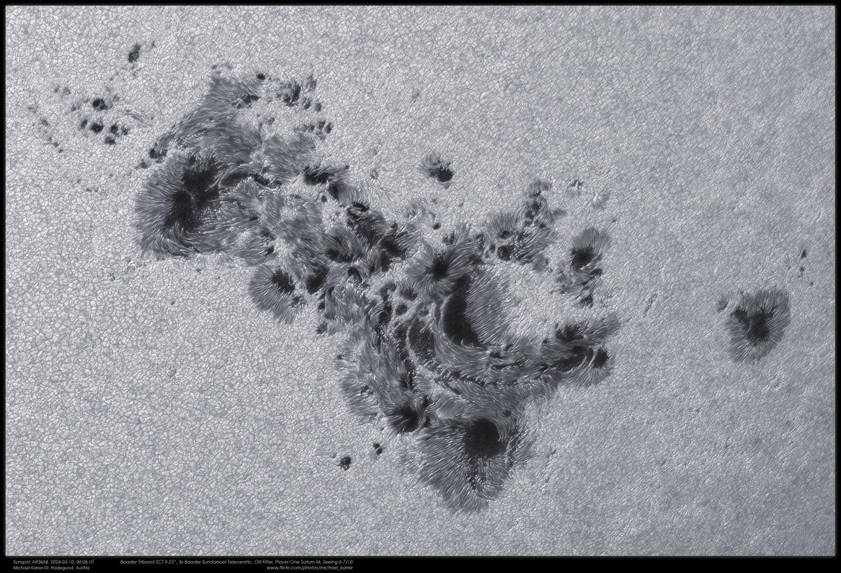 Incredible capture of sunspot #AR3664 by our customer Mr. Karrer using the Baader Triband-SCT C925. This sunspot group caused the recent #Auroras. Curious? More images on flickr.com/photos/michael… Details about the telescope: baader-planetarium.com/triband #Astrophotography #sunspot