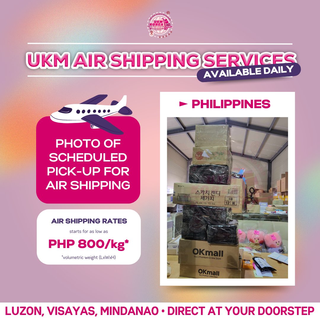 🗓️ May 13, 2024

Need quick delivery? Try UKM's Air Shipping for K-needs in less than 10 days! 😉

Our AIR SHIPPING service is back and it’s back with a SPECIAL DISCOUNTED OFFER. 😎 

Now at PHP 800/kg* 
Now at PHP 1,600/kg*
*volumetric weight (LxWxH)