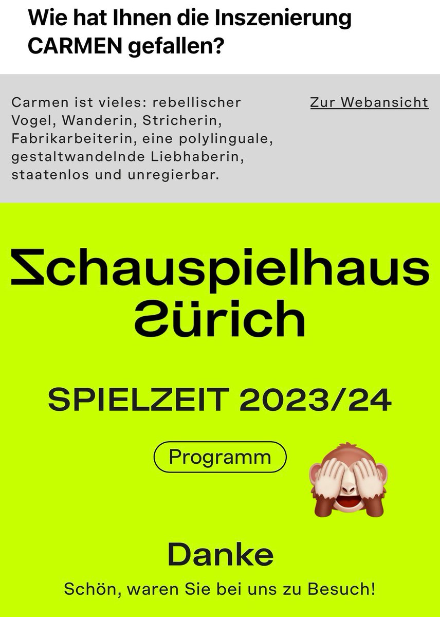 Liebes <a href="/Zschauspielhaus/">Schauspielhaus Zürich</a> eine  Absage 3 1/2 Stunden vor Beginn der Vorstellung, trotz Doppelbesetzung,  und jetzt ein Mail, wie es mir gefallen hat. Bei Euch ist echt der Wurm 🐛 drinnen an allen Ecken und Enden. #schauspielhauszuerich #zuerich