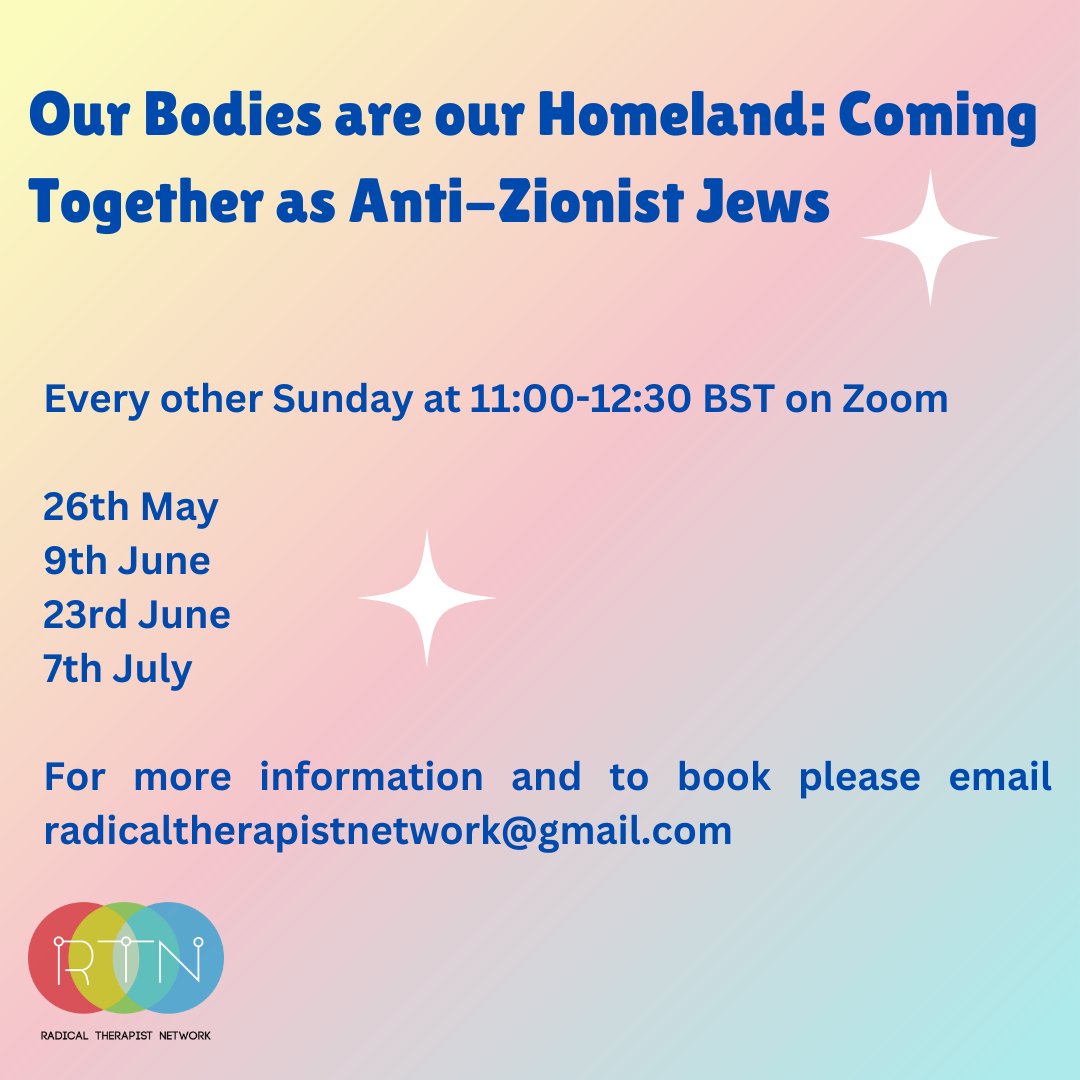 📢 We're excited to introduce this online group led by &amp; for self-identifying Anti-Zionist Jewish therapists, healers &amp; health workers wishing to cultivate community, solidarity &amp; sustainability in our value aligned actions towards decolonisation and liberation🤲More info below⬇️