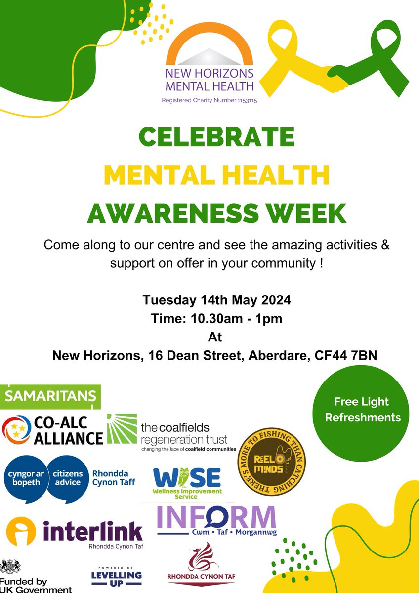 Celebrate World Mental Health Week with us, @ca_rct, @Reelminds, @CoalfieldsRegen ,@RCTCouncil, @WiseCtm and many more.
When: 14th May
Where: New Horizons 16 Dean Street, Aberdare
Time: 10.30am - 1pm