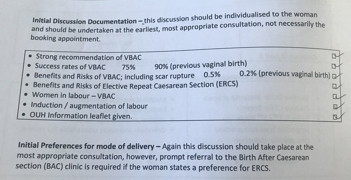 Some birth choices are actively withheld from women. Look at my NHS birth notes from @TeamOUHMat 2021. How can we have #InformedConsent & adherence to #Montgomery if we have ‘promotion of normal birth’ & ‘strong recommendation of VBAC’? #BirthTraumaInquiry #BirthTrauma