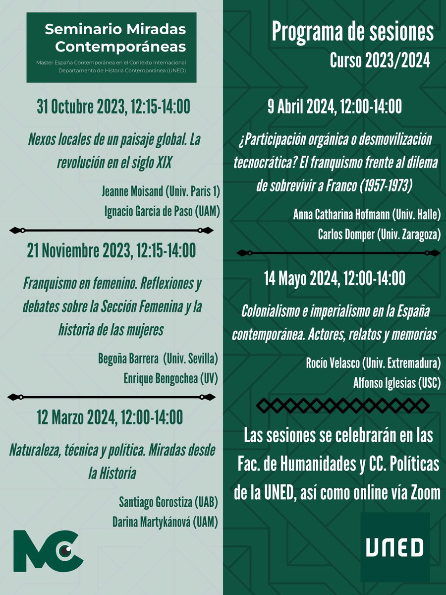 Mañana última sesión del seminario "Miradas Contemporáneas" de la <a href="/UNED/">UNED</a>. Contaremos con Alfonso Iglesias Amorin y Rocío Velasco para hablar sobre las investigaciones y memorias del colonialismo español en Marruecos. Presenta nuestra compañera Celeste Muñoz (<a href="/Cel_Mu/">Cel</a>). Enlace DM!