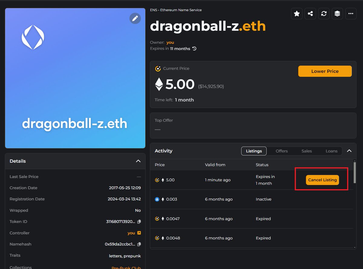 Zim.eth's Tip of the Day #fam📚✨⬇️ How to cancel your listing on Vision.io 1⃣ Go to the name page of your listed domain. For example: vision.io/name/dragonbal… 2⃣ Under the 'Listings' tab, click the 'Cancel Listing' button. #ENS #Vision #Educational #Tutorial