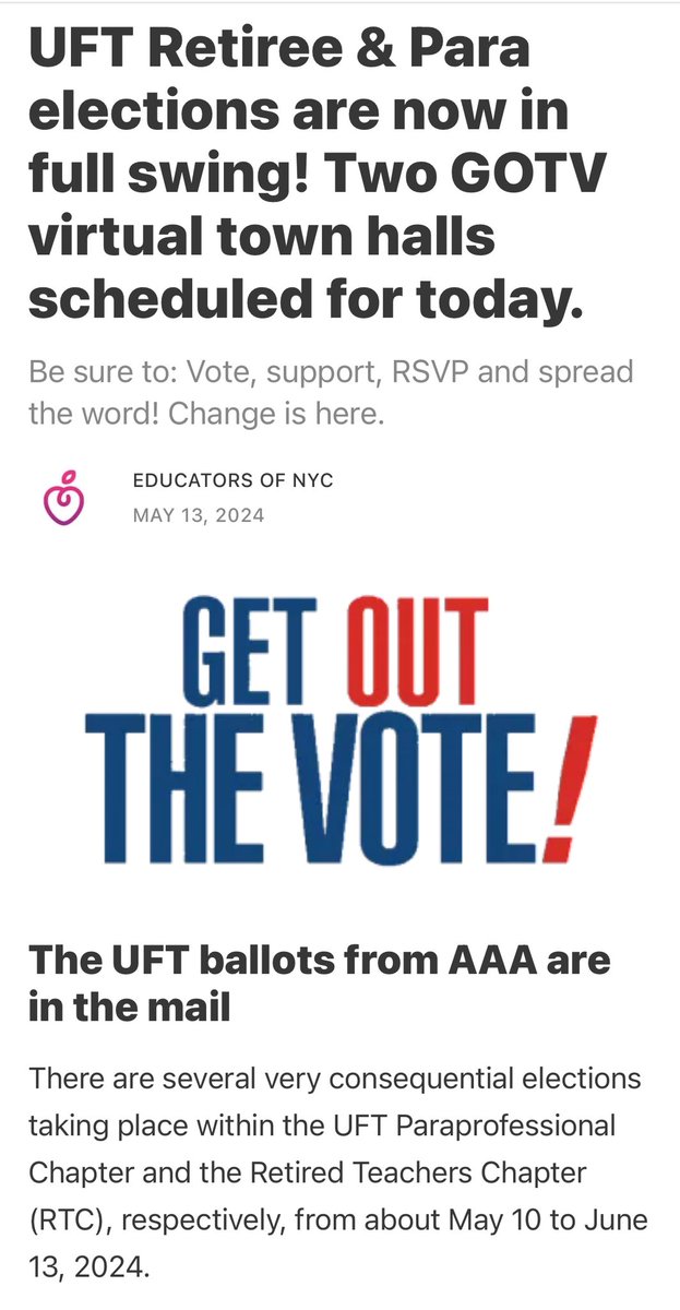 The @UFT ballots from AAA are in the mail There are several very consequential elections taking place within the UFT Paraprofessional Chapter and the Retired Teachers Chapter (RTC), respectively, from about May 10 to June 13, 2024. Learn more abt how to vote and voting