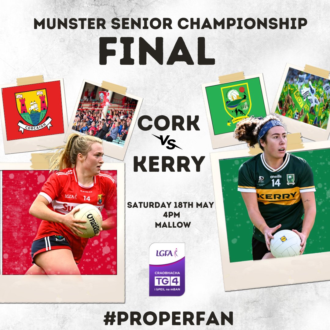 Coming 🔜 @TG4TV @MunsterLGFA Senior Championship Final 🏆 🔴⚪️ @CorkLGFA v @kerryladiesfoot 🟢🟡 Saturday May 18 - Mallow, 4pm - Live on @SportTG4 YouTube #ProperFan