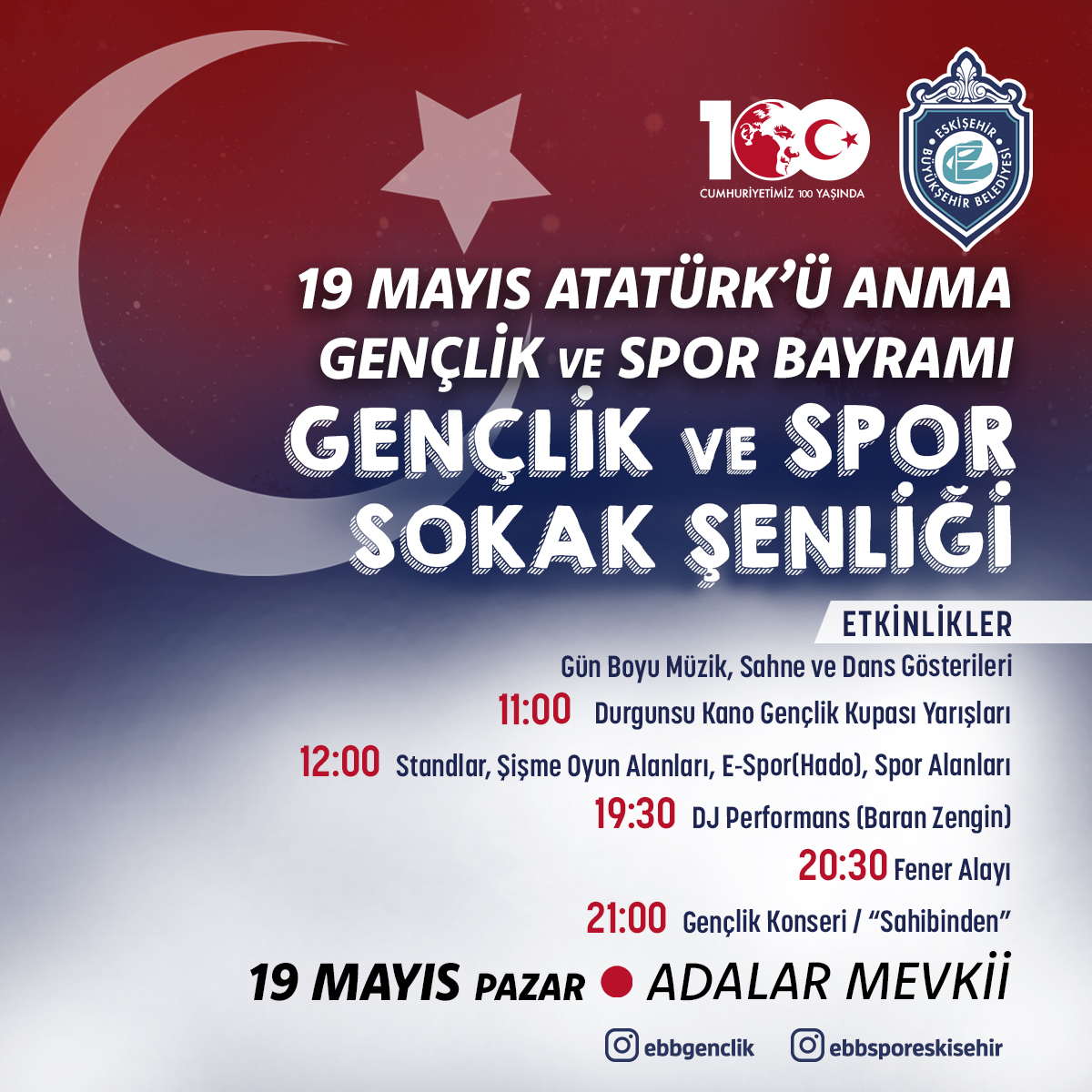 Sevgili gençler, 19 Mayıs Atatürk'ü Anma Gençlik ve Spor Bayramımızı muhteşem bir sokak şenliği ile kutlamaya hazır mıyız? 😍 Gün boyu müzik, sahne, spor ve dans gösterileri ile gerçekleşecek şenliğimiz, akşam Fener Alayı ve Gençlik Konseri ile renklenecek. 19 Mayıs'ta kimseye…