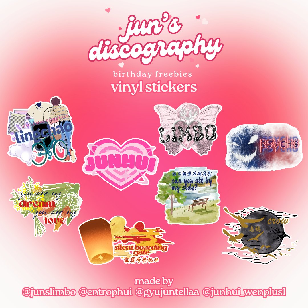 🎀 jun’s birthday freebies 🎀 we will be giving these waterproof vinyl stickers on @CrescentJun_PH’s cupsleeve event this upcoming 8th of june. 🩷 see you there, everyone! 🥹🫶🏻 4 stickers per pack (random) limited qty only. 📍 cafe 408, mnl 📅 june 8, 2024 1-5PM