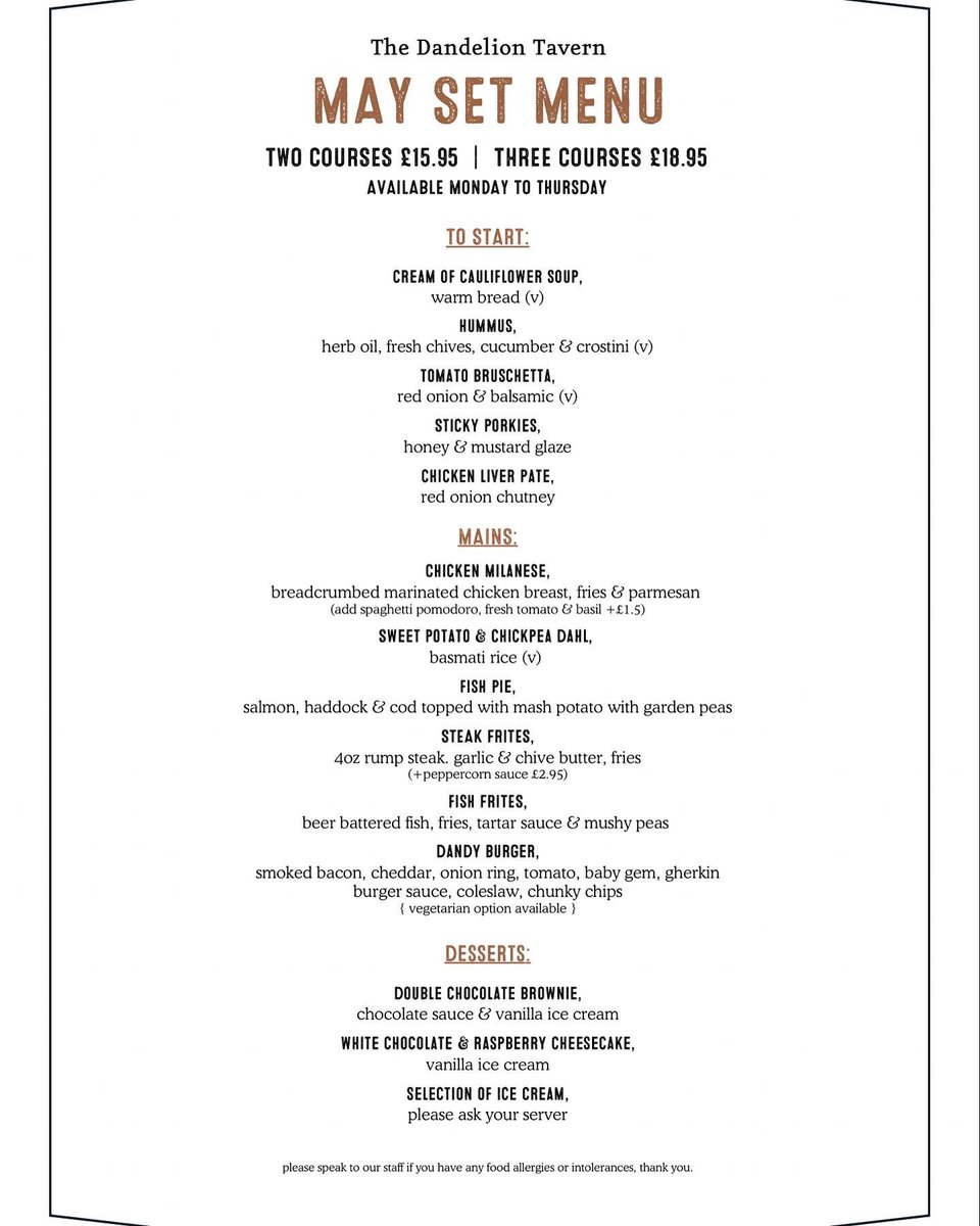 Goood Morning! 

We’re open from 12pm today, not only is our Set Menu available Monday - Thursday from 12pm, Two Courses £15.95 / Three Courses £18.95 we’ve also got Happy Hour! 12-6pm Monday to Friday all cocktails £6 / all cask £3 / two dandy G&amp;T’s £12!