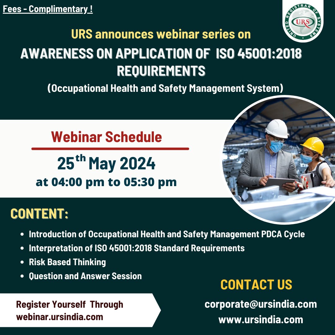 Complimentary Training Session !! Free Registration Now !! Click on Register Now at tinyurl.com/3ma2skdf URS India invites you to attend online complimentary training sessions with Awareness on application of ISO 45001:2018 Requirements. #awareness #webinar #ohsms #iso45001