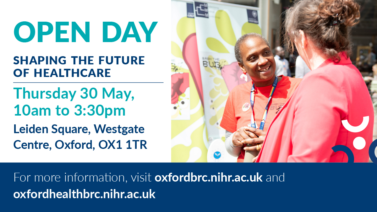 Join us at the annual Joint Open Day with @OxHealthBRC and @OxfordBRC to learn about healthcare research taking place in Oxford. Speak with researchers and find out how you can get involved.
