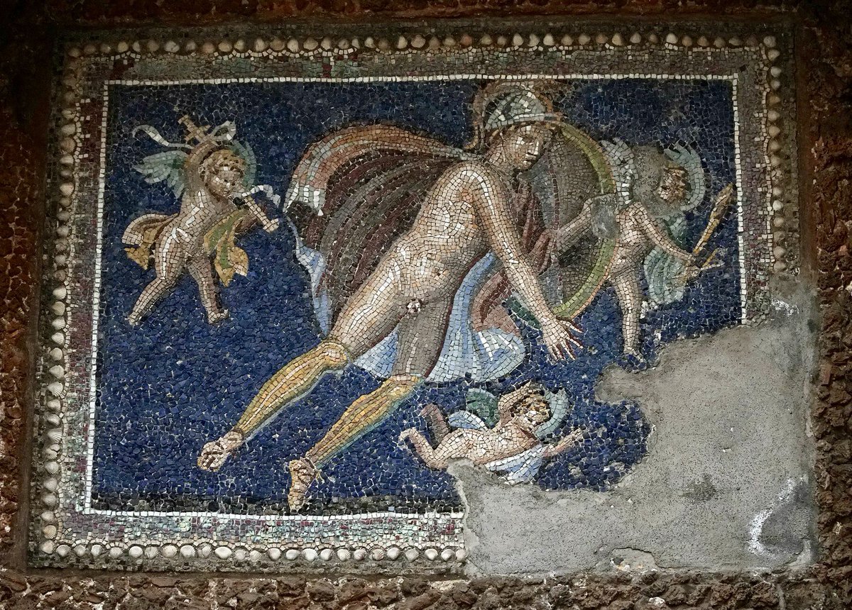 #MosaicMonday

Gloriously deep blue background on this mosaic panel from the Suburban Baths in Pompeii. Mars is surrounded by Erotes who seem to be in the process of arming him. Does Mars have war or a battle of love ahead?
