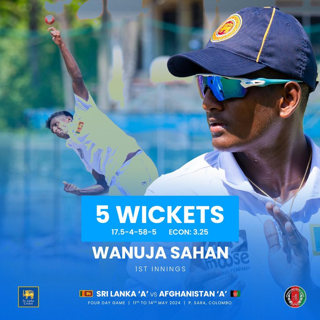 Debutant Wanuja Sahan shines with a sensational five-wicket haul as Afghanistan 'A' are bundled out for 198! #SLATeam #SLvAFG
