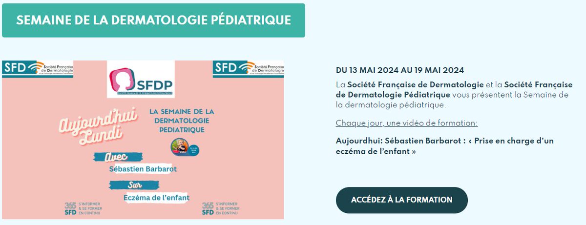 SFDermatologie's tweet image. N&apos;oubliez pas : c&apos;est la Semaine de la Dermatologie Pédiatrique !
et c&apos;est sur 365SFD :
365.sfdermato.org

Chaque jour une thématique différente, aujourd&apos;hui : l&apos;eczéma de l&apos;enfant avec Sebastien Barbarot

#SFDermatologie #365SFD #SFDP