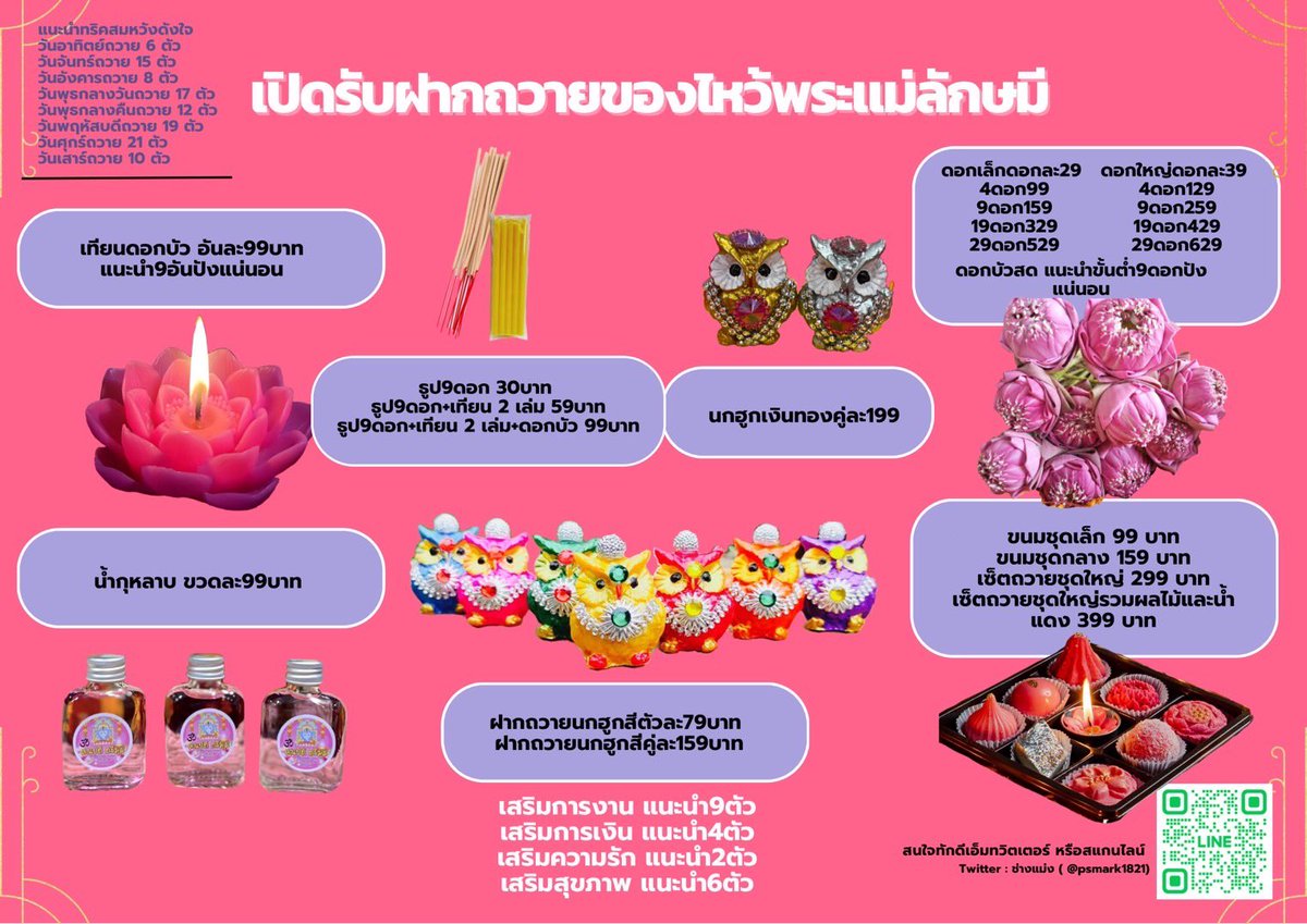 ฝากถวายของและทำบุญได้ตามกำลังศรัทธาเลยค่า รอบถวายวันที่ 13/5 (ทักมาได้ตั้งแต่ตอนนี้ ทักได้24ชม.เลยค่ะ ขออะไรก็สมหวัง) ขอให้ปังๆกันได้เลยน้า สามารถเลือกสิ่งที่ต้องการฝากถวายได้เลยค่ะ มีเซ็ตตามรูปนี้ สามารถโอนได้จากQRนี้แล้วแปะสลิปในแชทได้เลย…