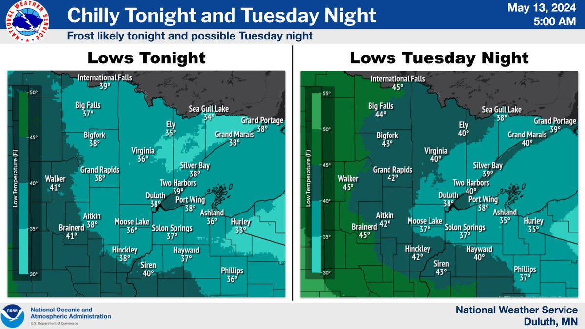 Drier weather and mostly clear skies tonight and Tuesday night will allow low temperatures to fall into the mid 30s tonight and mid to upper 30s Tuesday night for most of the Northland. Make sure to cover or bring frost sensitive plants inside. #mnwx #wiwx