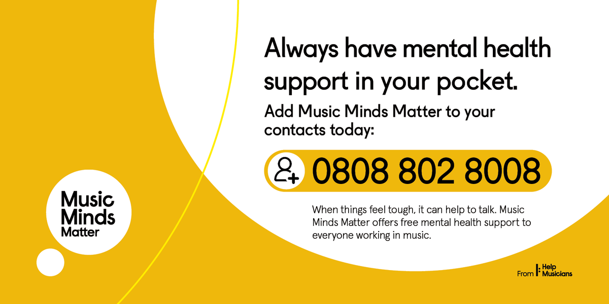 This #MentalHealthAwarenessWeek ensure you always have mental health support in your pocket. Help Musicians' sister charity Music Minds Matter offers free, confidential support to everyone working in music. Save the number so you’re always ready if you need it: 0808 802 8008