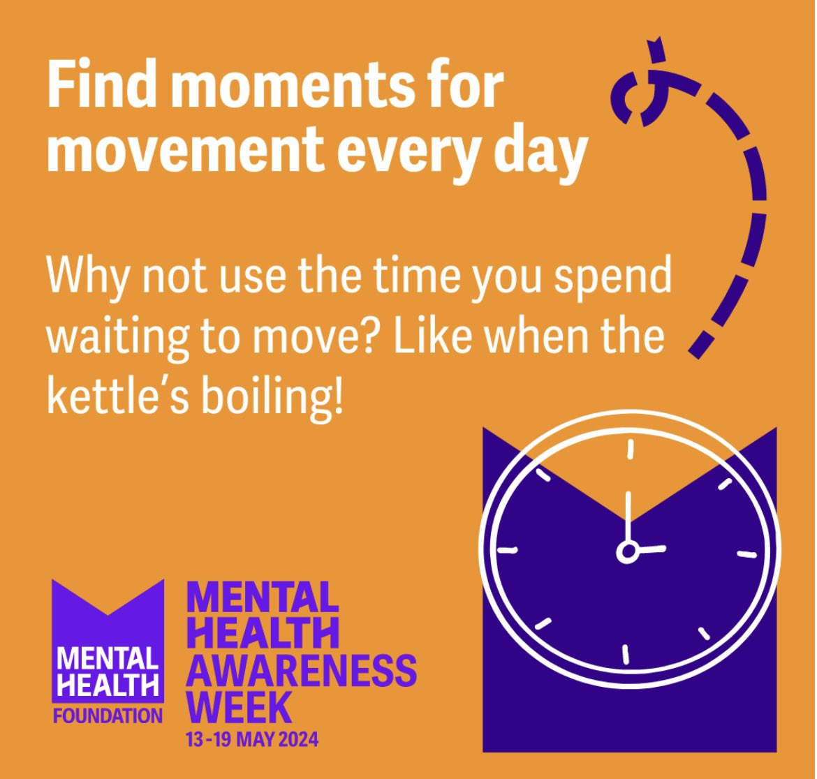 This #MentalHealthAwarenessWeek, focus on moving more, for both your physical and mental wellbeing and find moments for movement every day.  

Get more tips from the Mental Health Foundation: mentalhealth.org.uk/get-involved #mentalhealthawareness
