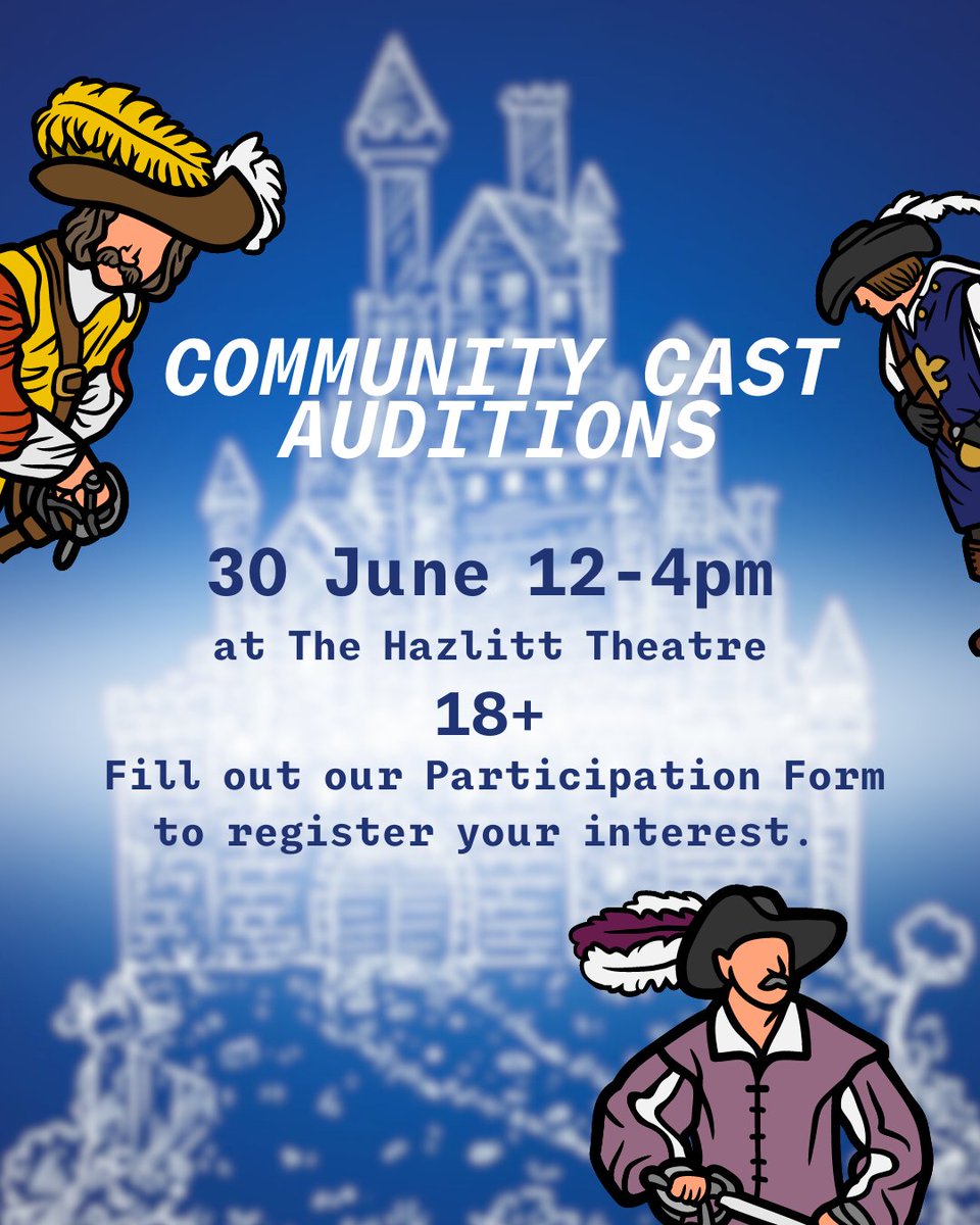 Are you a community performer looking for an opportunity to perform with the Hazlitt Theatre? Join the Community Cast of our summer tour - The Three Musketeers!

Register your interest here: forms.gle/muS6QqqSvGkzp9…
Must be available 10th - 25th August
18+ only