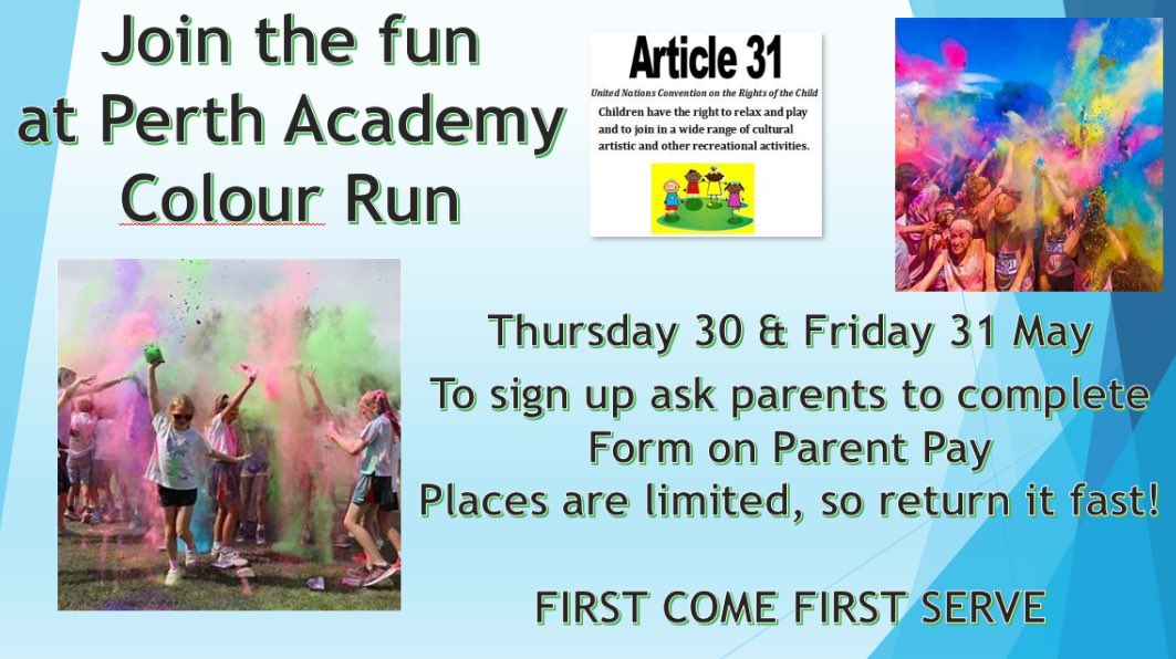 As part of our health & wellbeing activity days we are having a colour run for all S1-3 pupils on 30th & 31st May (pupils will only take part on one day) Sign up is via parent pay & places are limited so get in quick to avoid disappointment! #TeamPA #RISE ❤️💙💜💛🧡🩷