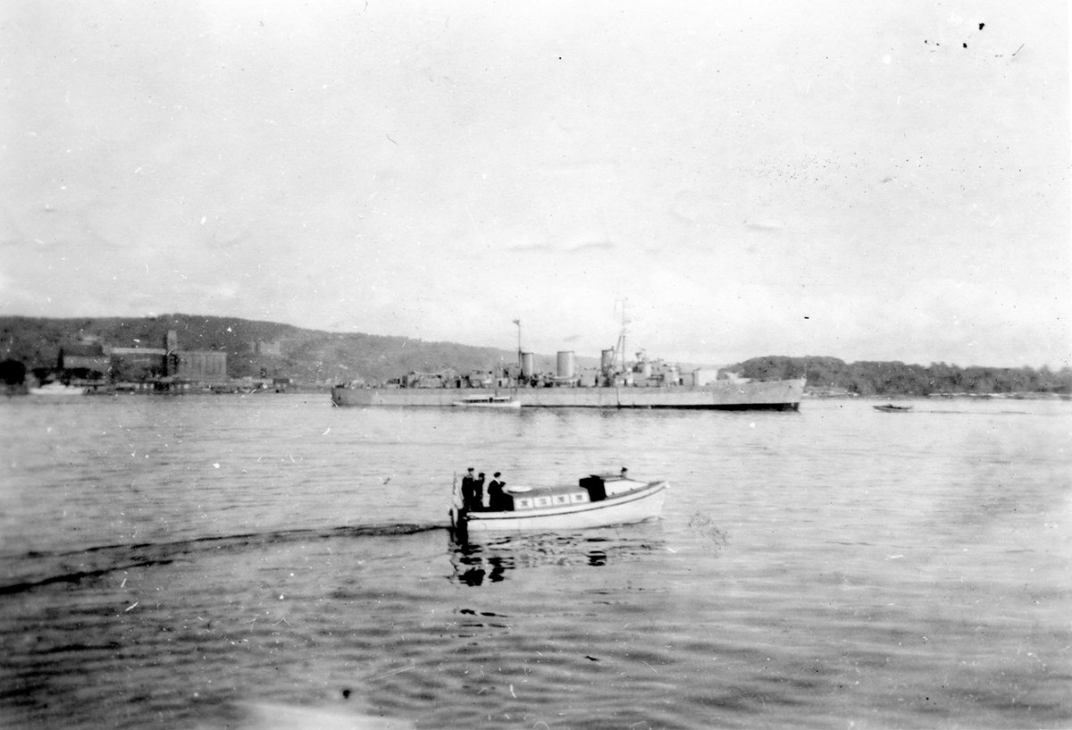 #OTD 13/5/1945 #RememberRCN -HMCS IROQUOIS arrives in Oslo escorting HMS APOLLO, repatriating exiled Crown Prince Olav of Norway. Photo of APOLLO taken from IROQUOIS.