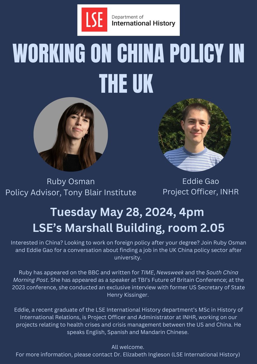 Very excited about this one! London-based students: on Tuesday May 28 @eddiegao163 and @rubyosman_ will join us at LSE to about their experiences working on China policy in the UK 4pm in Marshall Building room 2.05 All very welcome -- please contact me for more infomation