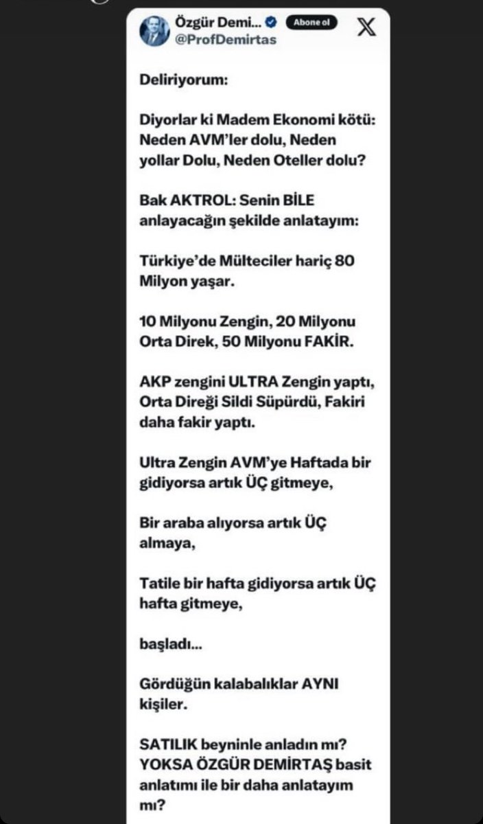 Bazılarına mikrofon uzatıldığında söylenen AVM’ler, restorantlar, cafeler oteller her yer dolu diyenlere Özgür Demirtaş çok güzel anlatmış..