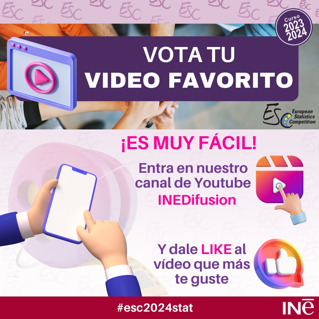 🎞️¡Vota tu VÍDEO FAVORITO entre los presentados por los equipos ganadores y finalistas de la fase nacional! ¡Es muy fácil! 1⃣Entra en el canal @es_INE de YouTube-INEdifusion 👇 youtube.com/channel/UCdvhU… 2⃣Da👍al 📽️que más te guste #INE @SEIO_ES @estadistica_ucm