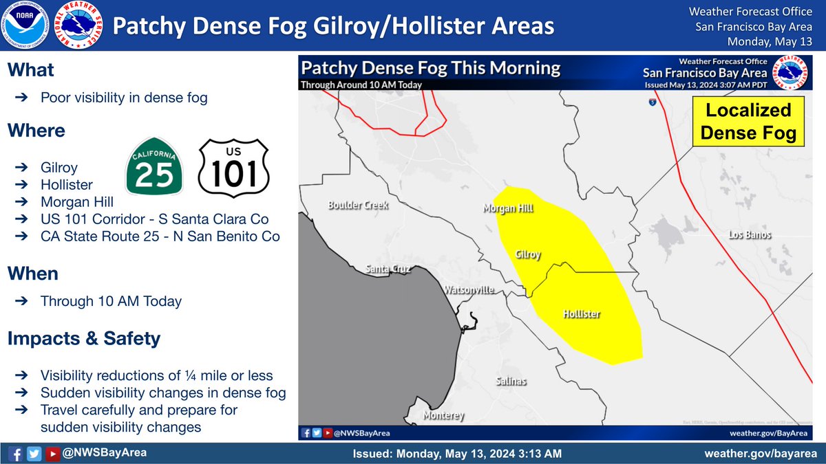 Traveling this morning? Watch out for sudden visibility changes in the Gilroy and Hollister areas due to localized dense fog. This will affect portions of US101 and CA25. Slow down & allow extra travel time in these areas. #cawx