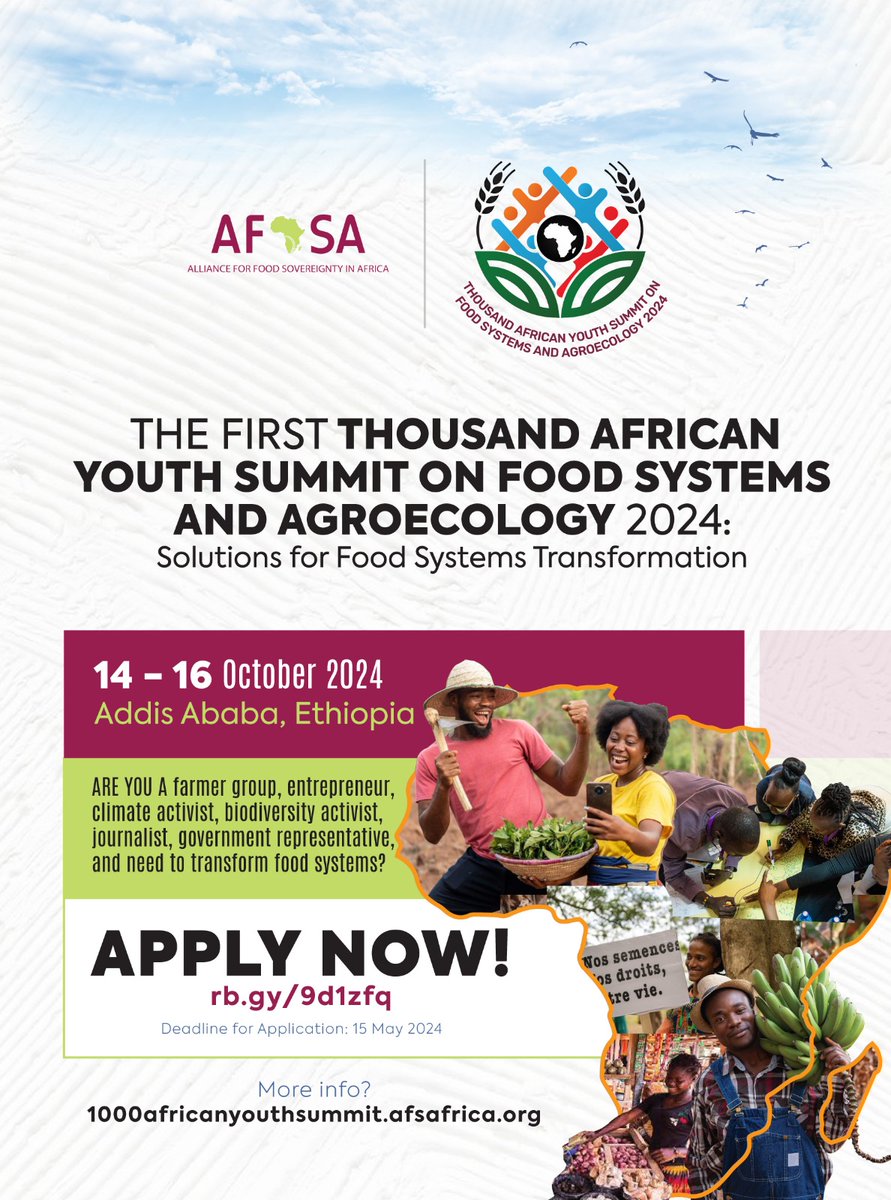 Comme la date limite de candidature pour ce sommet se rapproche, veuillez postuler si vous êtes un jeune leader africain intéressé dans les systèmes alimentaires et l'arène de l'agroécologie. Venez partager votre contribution à systèmes alimentaires durables en Afrique 🌍