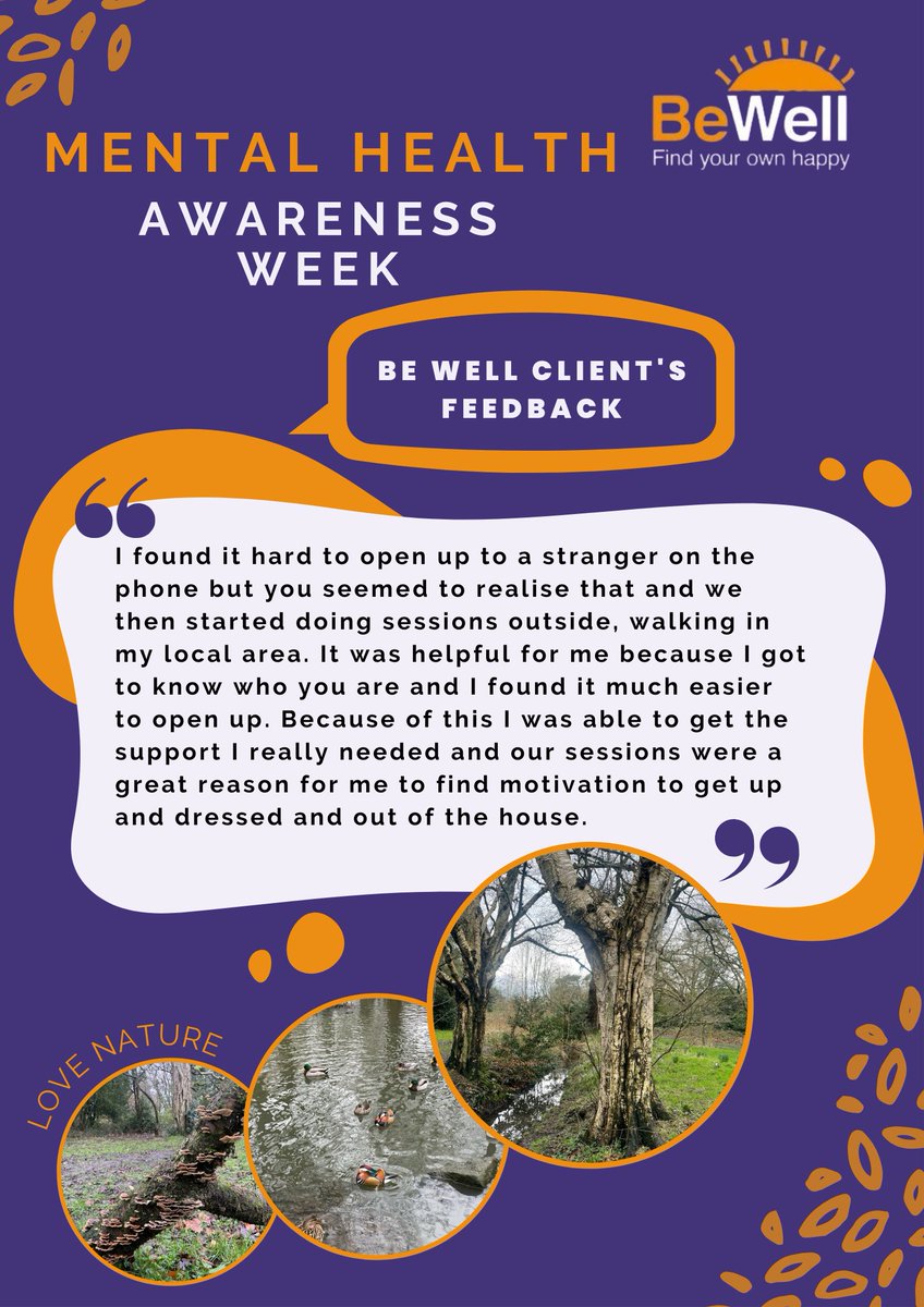 It's Mental Health Awareness Week Going for a walk in your neighbourhood, putting on your favourite music and dancing around the living room, chair exercises when you're watching television, it all counts Here are some pictures and a client's feedback from a walk-and-talk session