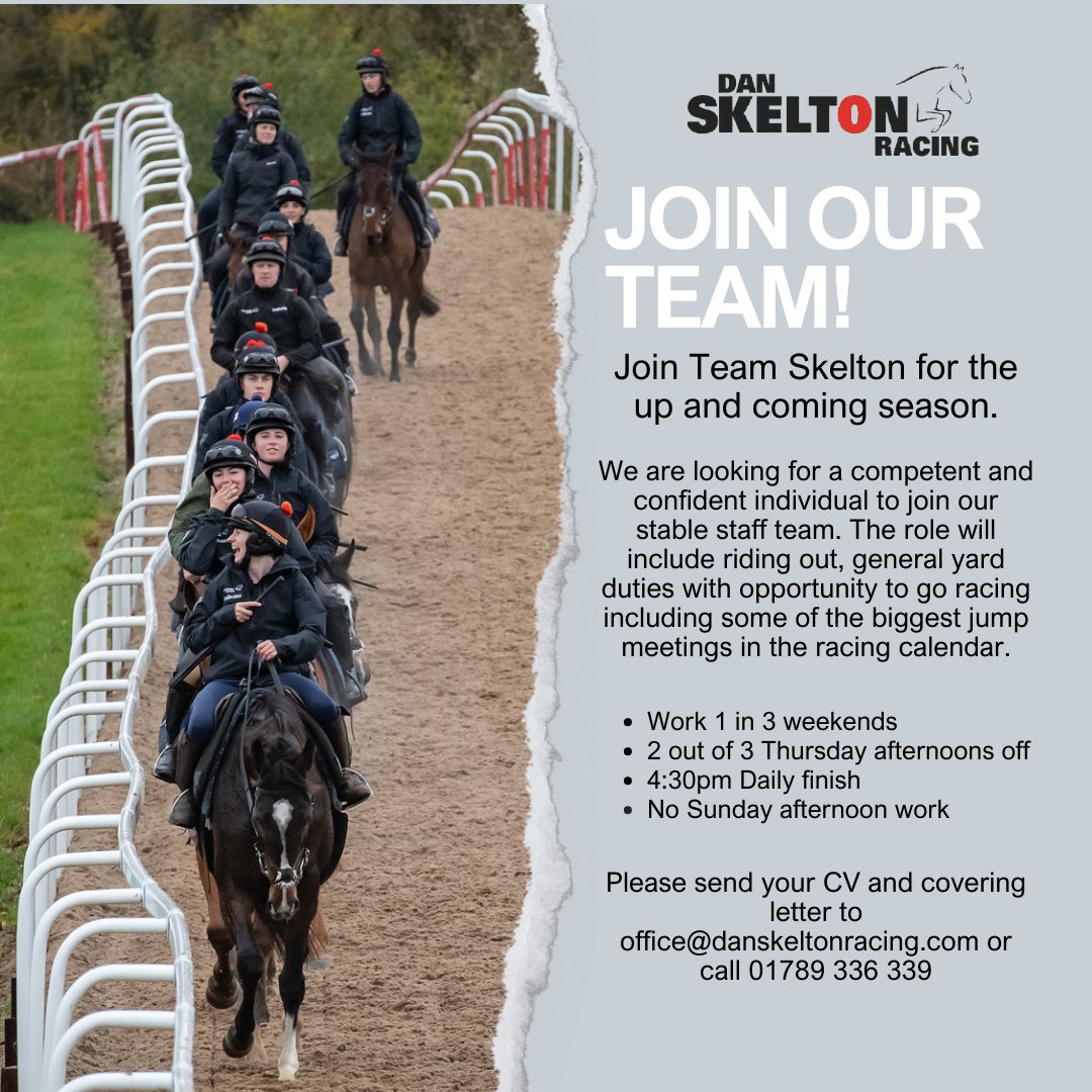 💥🚨We Are Hiring 🚨💥 Join Team Skelton for the coming season 🏇 Contact: office@danskeltonracing.com or 📞01789 336 339 #TEAMSKELTON