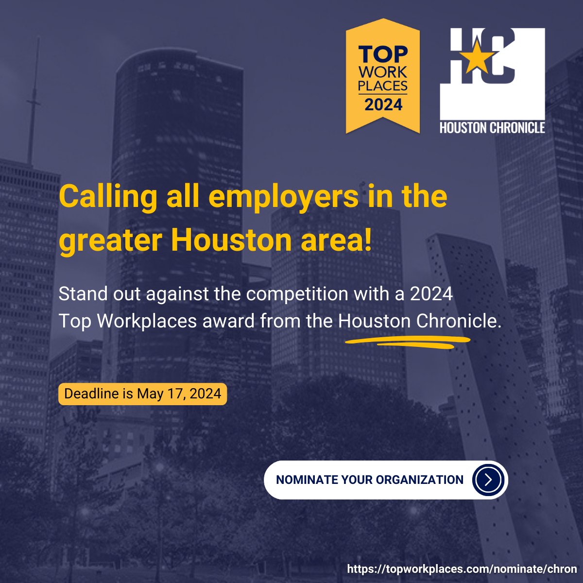 Is your workplace one of Houston's best?   It's time to let the world know! 🚀 Nominate your company for the Top Workplaces award and you could earn the trusted gold badge of success! All it takes is a quick employee survey.  📅 Don't miss the deadline! Submit your nomination
