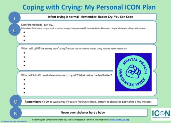 13-17 May is Mental Health Awareness Week so it's a good time to focus on your wellbeing. Looking after a crying baby can be stressful and ICON is here to help you cope. For more support discuss your Coping with Crying Plan with your Health Visitor or Midwife @JaneScatt