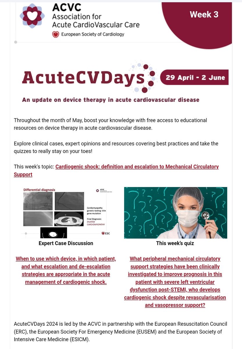 ACVCPresident (@acvcpresident) on Twitter photo We are half way, and the topics are getting better by the week.
This week 👀 on management of #CardShock and #MCS escalation
Go to our website and check it out #AcuteCVDays
👇 escardio.org/Sub-specialty-…
<a href="/CVandenbriele/">Christophe Vandenbriele</a> <a href="/escardio/">European Society of Cardiology</a> <a href="/ERC_resus/">ERC - European Resuscitation Council</a> @EuropSocEM <a href="/ESICM/">ESICM</a> We are half way, and the topics are getting better by the week.
This week 👀 on management of #CardShock and #MCS escalation
Go to our website and check it out #AcuteCVDays
👇 escardio.org/Sub-specialty-…
<a href="/CVandenbriele/">Christophe Vandenbriele</a> <a href="/escardio/">European Society of Cardiology</a> <a href="/ERC_resus/">ERC - European Resuscitation Council</a> @EuropSocEM <a href="/ESICM/">ESICM</a>
