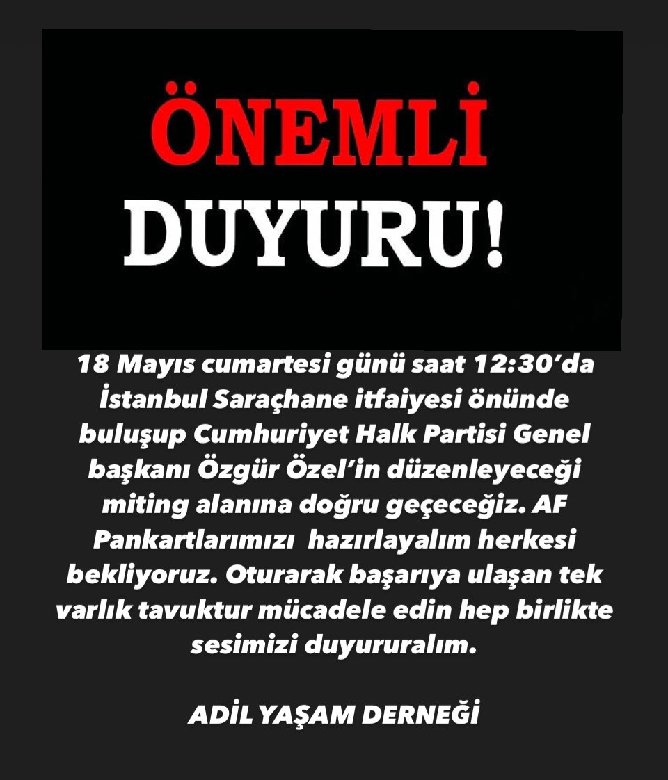 Türkiye Türkiye’nin ikinci partisi Cumhuriyet Halk Partisi Genel başkanı Sayın Özgür Özel bizleri tanıyor ve biliyor taleplerimiz de destekliyor. Şimdi tekrardan sesimizi duyurması için biz de Saraçhane Parkı’nda olacağız haydi arkadaşlar!

18Mayısta AFiçinGeliyoruz
@eczozgurozel