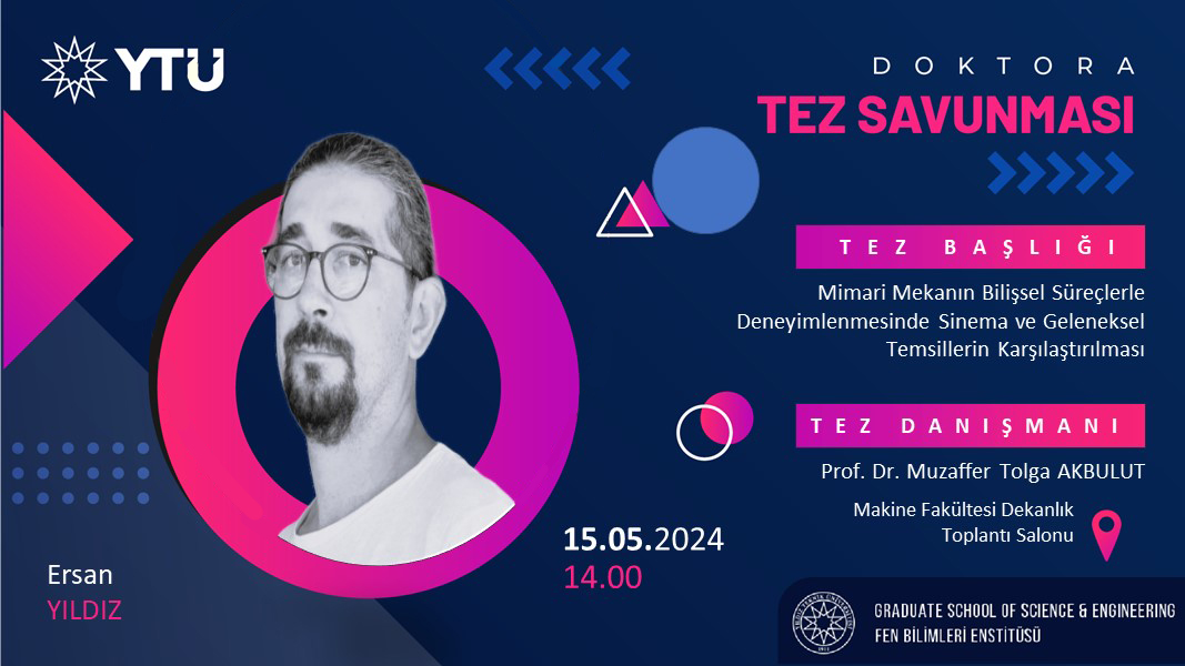 🎓📕Doktora Tez Savunması📕🎓 Mimari Tasarım Doktora Programı- Ersan YILDIZ 📅15.05.2024 🕛14.00 📌Makine Fakültesi Dekanlık Toplantı Salonu Tez Başlığı: Mimari Mekanın Bilişsel Süreçlerle Deneyimlenmesinde Sinema ve Geleneksel Temsillerin Karşılaştırılması @YildizEdu