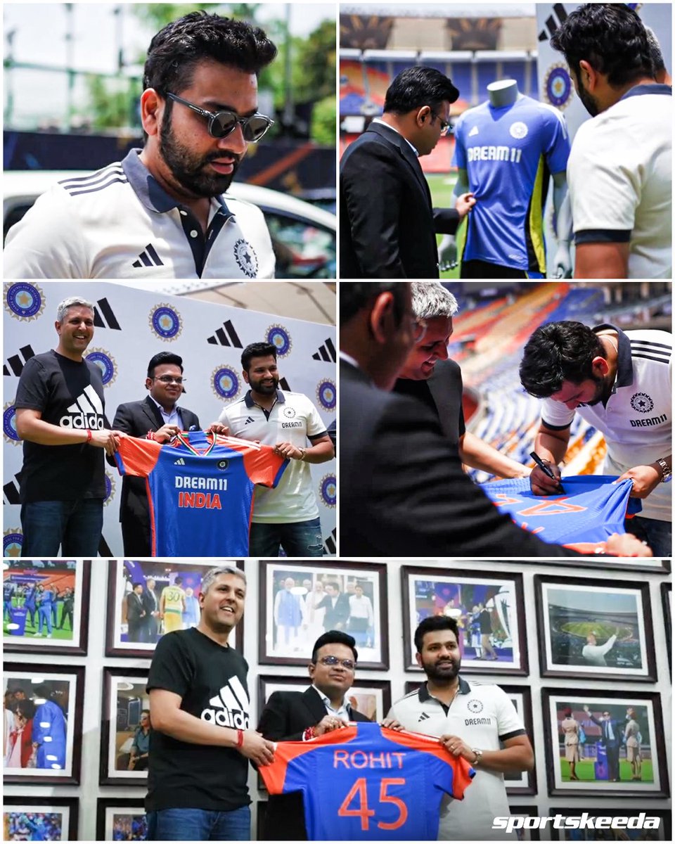 Captain Rohit Sharma and BCCI honorary secretary Jay Shah unveiled Team India's new kit at the Narendra Modi Stadium, Ahmedabad. 👕🏟️

Rate the new jersey out of 10 🔥

📷: BCCI 

#RohitSharma #India #CricketTwitter #T20WorldCup2024