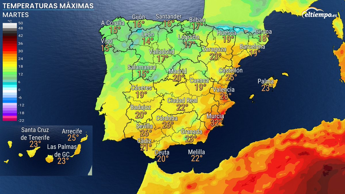 #ElTiempoEnMapas 🌡️ Vuelco a las temperaturas: del calor al frío en menos de 24 horas. 🌡️ El martes el descenso de las máximas será casi generalizado y notable en amplias zonas de España, especialmente en el interior peninsular.