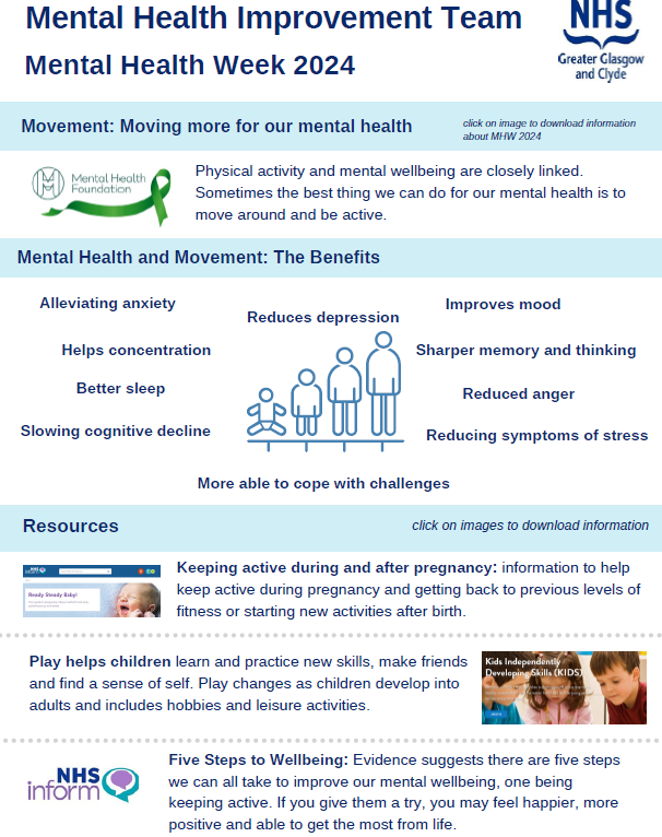 nhsggcscs's tweet photo. This week is Mental Health Awareness Week. This year's theme is "Movement: Moving more for our mental health".

Visit KIDS Active Energetic Play page https://t.co/WYK2QQyfwi for advice on physical activity for children and young people.

#MentalHealthAwarenessWeek https://t.co/ChKvkHdgJX
