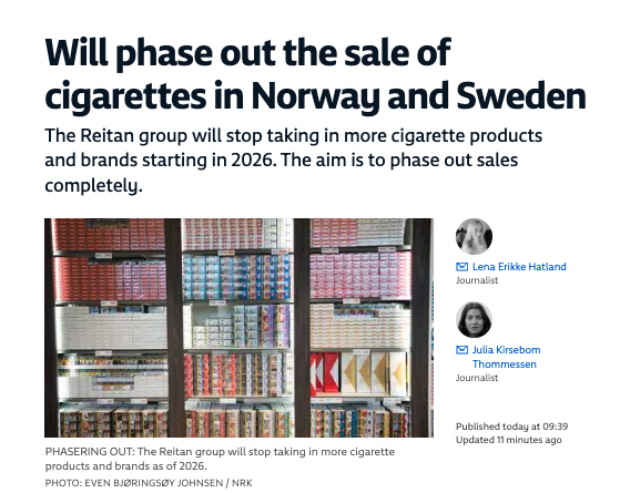 Good news for public health in Norway and Sweden! Cigarettes will be phased out of several convenience stores - including 7-Eleven, Narvesan and Pressbyrån - run by Reitan group. @Cancerfonden